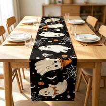 1pc Cute Ghost Spider Web Pumpkin Print Halloween Home Decor Table Runner, Polyester Durable Hard Fabric Decorative Tablecloth, Holiday Party Dining Table Atmosphere Desktop Arrangement - Black and White - View 7