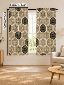 2PCS, Bohemian Hexagonal Floral Curtains, Vintage Mandala Tile Pattern Window Fabric, Pastoral Bohemian Style Living Room Bedroom Kitchen Decor - Multicolor - View 11