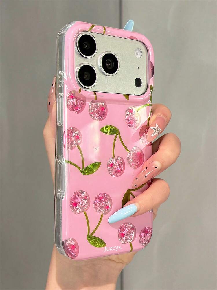 Cute Glossy Fresh Gradient Cherry & Star Pattern Phone Case, Compatible With IPhone 17 Pro Max 17 Pro 17 16 Pro Max 16 Pro 16 15 Pro Max 15 Pro 14 Pro Max 14 Pro 13 12 11, Cute Fruit Style Pink Soft Shell, Suitable For Girls - Pink - View 4