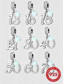 HuooNew 1件925纯银里程碑生日数字吊坠，13/16/18/21/30/40/50/60/70岁，蛋白石心形吊坠，适合搭配手链，低过敏性珠宝吊坠 - 銀色 - 查看 1