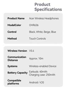 Acer OHR636 In-Ear Wireless Bluetooth Earbuds - 28dB Active Noise Cancellation, ENC 4-Mic Call Noise Reduction, Bluetooth 5.4 Spatial Surround Sound, 20h+ Battery Life, Comfortable Fit, Suitable For Commuting And Travel, Compatible With Android/IOS Systems - View 12