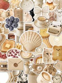 50Pcs Cream Cozy Aesthetic Stickers, Neutral Beige Cute Decals Featuring Cat Paws, Coffee, Pastry, Seashell, Retro Daily Objects, Soft Vintage Stickers For Journal, Laptop, Phone Case & Scrapbook DIY Crafts - Multicolor - View 1
