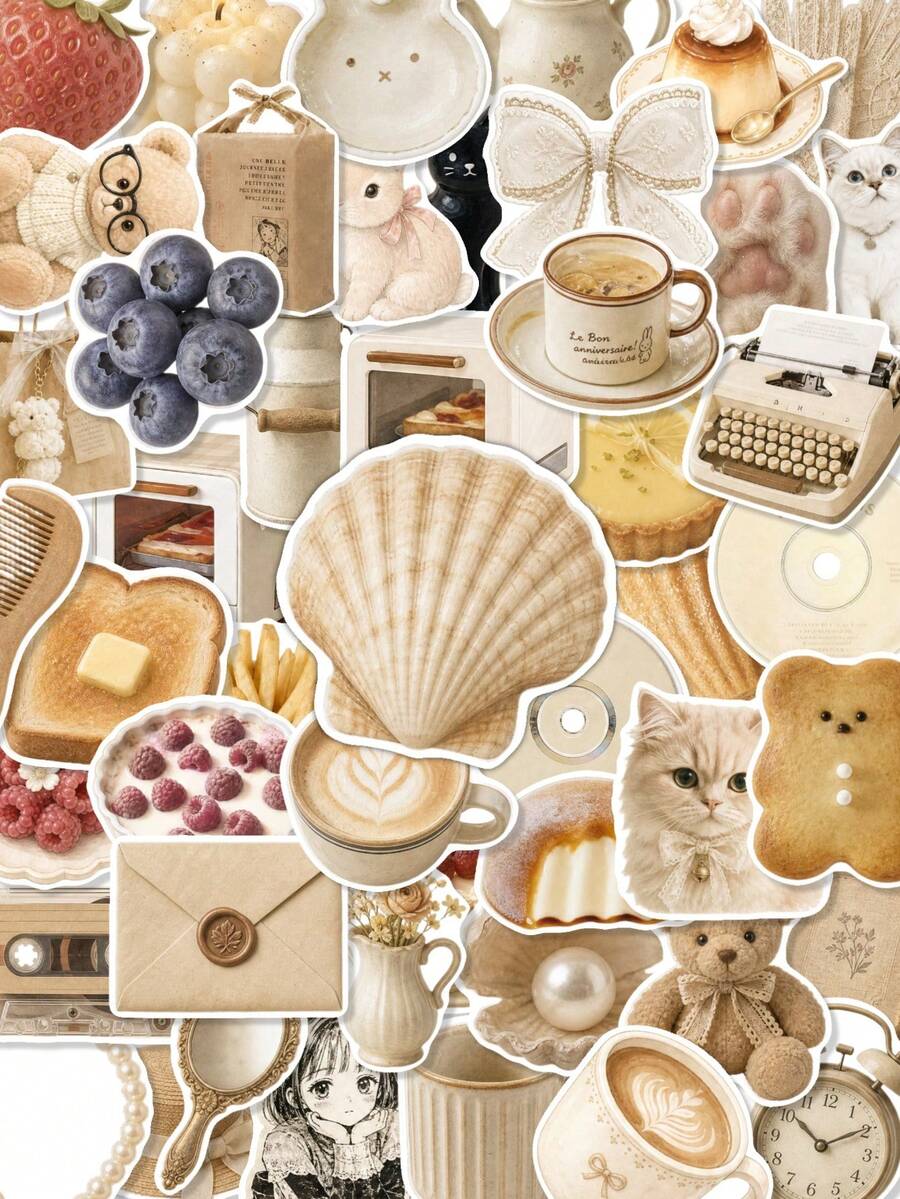 50Pcs Cream Cozy Aesthetic Stickers, Neutral Beige Cute Decals Featuring Cat Paws, Coffee, Pastry, Seashell, Retro Daily Objects, Soft Vintage Stickers For Journal, Laptop, Phone Case & Scrapbook DIY Crafts - Multicolor - View 1