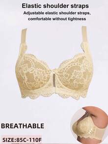 1pc Casual Comfortable Minimalist Plus Size Women's Bra With Lace Patchwork, Wire-Free Soft Comfortable Lingerie - Yellow - View 5