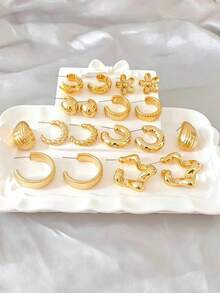 3/9 Pairs Vintage Gold-Tone Metallic Earrings Set, Water Drop, Flower, Twisted, Striped, Geometric Hoop Earrings, Versatile For Commuting - Gold - View 5