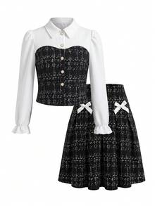 Purechapter 2pcs Tween Girls Fashion Elegant Colorblock Contrast Patchwork Open Front Lapel Collar Shirt And Bow Skirt Set, Spring/Autumn - Black - View 1