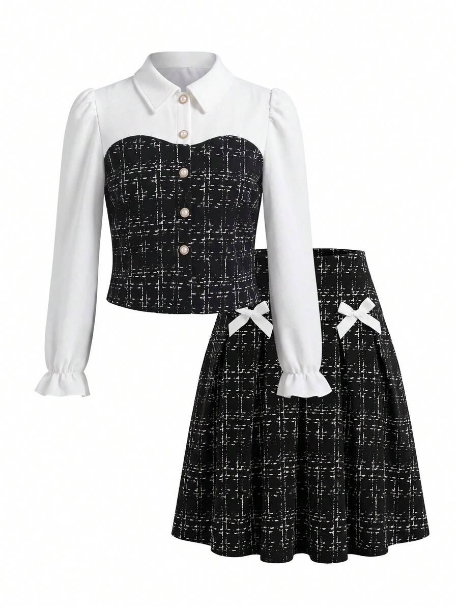 Purechapter 2pcs Tween Girls Fashion Elegant Colorblock Contrast Patchwork Open Front Lapel Collar Shirt And Bow Skirt Set, Spring/Autumn - Black - View 1