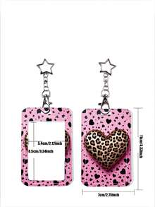 1pc Star Pendant Sweet Cool Card Holder, Leopard Print Heart Cow Spotted Strawberry Pattern, Hard Shell Protective Case For Student Campus ID Card, Access Card, Bus Card, Keychain, High Resilience Scratch-Resistant Material, Waterproof And Dirt-Resistant, Effectively Prevents Card Bending And Wear, Suitable For Student Commute, Office Work, Daily Travel - Rectangle - View 2