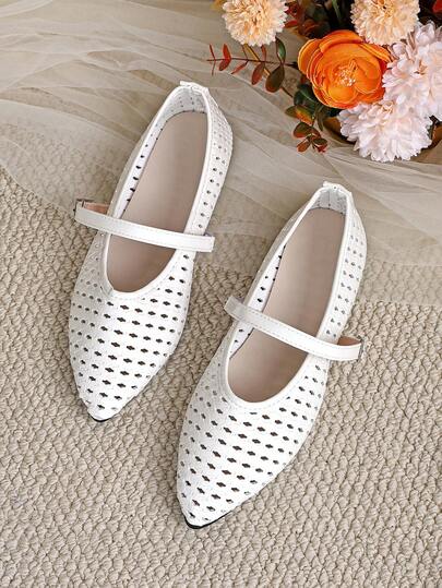 White Hollow Woven Pointed Toe Mary Jane Shoes For Women, Summer Breathable Single Strap Flat Shoes, Versatile Shiny Low Vamp Commuter Pumps, Soft Sole Lightweight Casual Everyday Wear, Fairy Style Daily Outings, Minimalist Flat Shoes