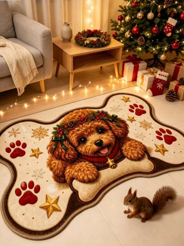 1 pieza Alfombra decorativa con forma de hueso navideño para cachorro, alfombra de sala de estar, alfombra de felpa para lado de la cama, alfombra de otoño/invierno, alfombra gruesa, alfombra grande de sala de estar, alfombra de dormitorio, decoración del hogar para sala de estar, alfombra para exteriores, alfombra lavable