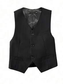 Boys Formal Suit Vest, Single-Breasted Waistcoat, Classic V-Neck Design, Wedding Birthday Party Graduation Ceremony, Formal Suit Set Single Piece - Black - View 1