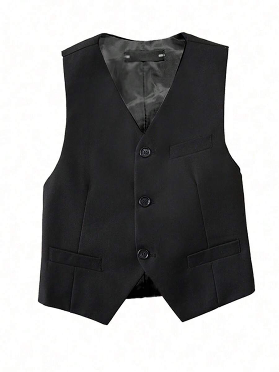 Boys Formal Suit Vest, Single-Breasted Waistcoat, Classic V-Neck Design, Wedding Birthday Party Graduation Ceremony, Formal Suit Set Single Piece - Black - View 1