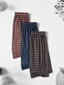 3件組男士薄款格紋印花彈性舒適四角內褲，透氣鬆緊腰頭短褲，多色套裝，睡衣內褲 - 彩色 - 查看 10