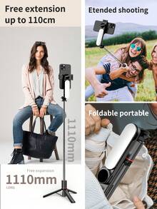 AXNEN 44-Inch Extendable Selfie Stick Tripod With Fill Light, Wireless Remote, 360° Rotation, Compatible With IPhone 14/13/12/11 Pro/XS Max/XS/XR/X/8/7, And Other Smartphones - Black - View 3