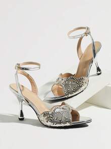 Jin Bei Qi Women's Silver Fan-Shaped Sequin Embellished Stiletto High Heel Sandals, Elegant Sexy Fashion Luxury Wedding Shoes With Buckle Open Toe Design, Suitable For Summer Beach Party Gathering Celebrity Vacation Commute Evening Dress Shoes, Silver High Heels - Silver - View 6