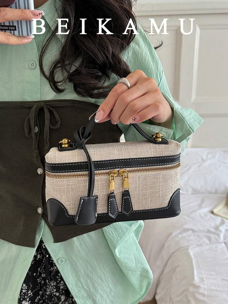 BEIKAMU 1pc Fashion Contrast Color Square Bag, Zipper Closure Versatile Women's Box Bag Handbag, Adjustable Shoulder Strap Crossbody Bag, Suitable For College, Commuting, Shopping, Street Shopping, Daily Use - Black - View 1