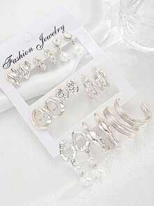 18pcs Fashion Minimalist Elegant Heart Faux Pearl Pendant Silver Stud Earrings Set For Women, Vacation Date Party Ball Banquet Holiday Birthday Gift, Daily Versatile - Silver - View 3
