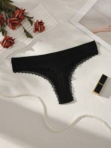 5pcs Black & White Bow Ribbed Cotton Women's Thong Panties - Black and White - View 6