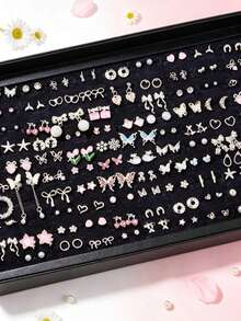 12/20 Pairs Exquisite Silver Stud Earrings Set, Bow & Heart Mixed Design, Y2K Aesthetic Pierced Earrings, Jewelry Gift For Women, Teen Girls - Sweet Butterfly Flower Stud Earrings - View 1