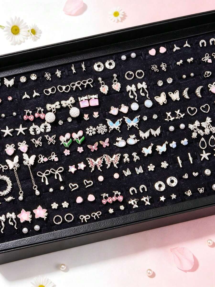 12/20 Pairs Exquisite Silver Stud Earrings Set, Bow & Heart Mixed Design, Y2K Aesthetic Pierced Earrings, Jewelry Gift For Women, Teen Girls - Sweet Butterfly Flower Stud Earrings - View 1