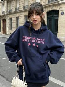 Women Solid Color Hoodie Back To School Oversized Pullover Sweatshirt Casual College Campus Wear Basic Long Sleeve Fall Outfit - 藏藍色2 - 查看 6