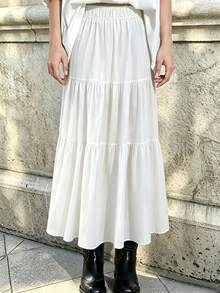 falda maxi tierada elegante de color sólido, cintura elástica, tejido ligero para uso casual mujer - Blanco - Ver 3