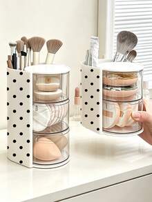 New Polka Dot Pattern Multifunctional Rotating Desktop Storage Box, Dust-Proof Makeup Brush Holder, Portable Travel Cosmetic Storage Tube, With Compartment Design For Storing Girls' Hair Accessories, Hair Ties, Jewelry, DIY Craft Materials And Small Tools; Suitable For Storing Necklaces, Earrings, Bracelets, Rings, Makeup Brushes, Hair Clips And Various Accessories (Mini Size) - Multicolor - View 2