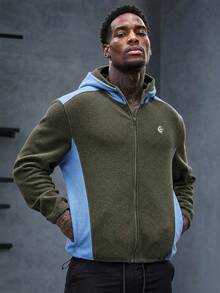 American Outdoor Style Army Green & Light Blue Colorblock Fleece Hooded Jacket, Full Zip Waist-Cinching Loose Warm Jacket - Green - View 3