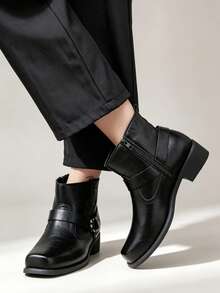 Classic Vintage Square Toe Men's Ankle Boots, Buckle Side Zipper Chunky Heel Boots, Holiday Commute Versatile Slimming Knight Boots - Black - View 7