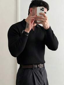 Men's Autumn/Winter Fashion Ribbed Shoulder Polo Collar Long Sleeve Sweater, Business/Casual Essential - Black - View 4