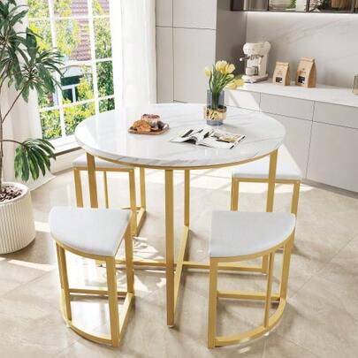 Dining Table Set With Four Chairs, Dining Set With MDF Tabletop And Gold-Plated Iron Frame