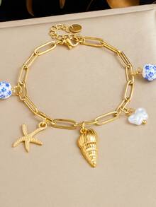 1pc Fashion Ocean Beach Style Gold-Plated Starfish Shell Pendant Stainless Steel Cross Chain Bracelet - Multicolor - View 1