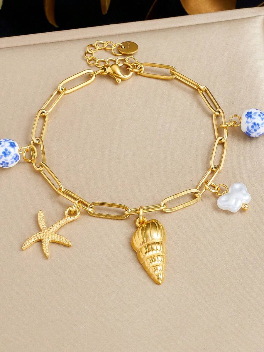 1pc Fashion Ocean Beach Style Gold-Plated Starfish Shell Pendant Stainless Steel Cross Chain Bracelet - Multicolor - View 1