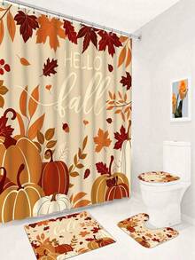 1/4pcs Autumn Harvest Maple Leaf & Pumpkin Shower Curtain Set, With 12 Hooks, Waterproof Polyester Bathroom Curtain, Privacy Screen, Thickened, Durable Quick-Dry, 180*180cm Size, Halloween Thanksgiving Autumn Harvest Bathroom Decor - A - View 19