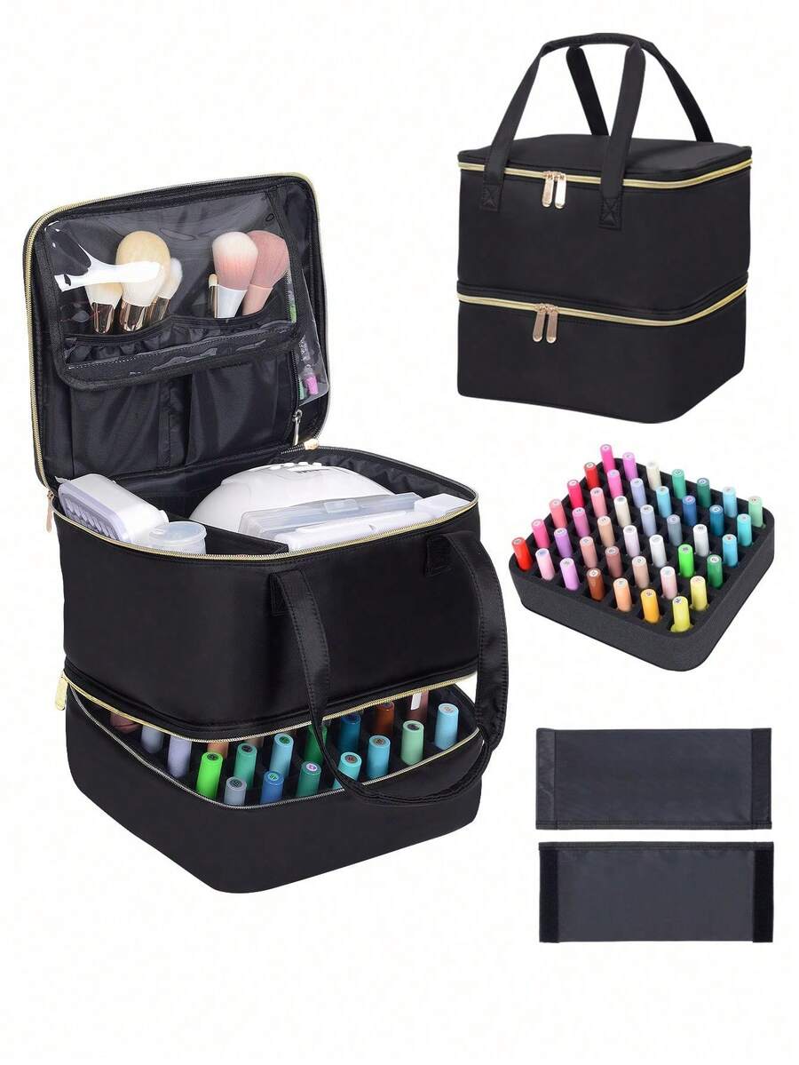 Organizador de Esmalte de Uñas de Mano de Doble Capa, Bolsa Organizadora de Cosméticos para Niñas y Mujeres, Arte de Uñas, Aceites Esenciales, Juego de Cosméticos, Uso Diario y de Viaje - 0142-Negro - Ver 1