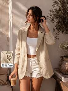 Women's Casual Lightweight Commuter Solid Color Linen Blend Loose Single-Breasted 3/4 Sleeve Blazer, Spring/Summer - Khaki - View 1