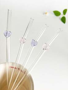 2/4pcs Pink/Purple Heart-Shaped Glass Drinking Straws, Reusable Curved Thick Transparent Glass Straw Set For Water Cups, Kitchen Accessories, Straw Decorative Caps, Cold Drinks, Milk Tea, Coffee, Bar, Home, Restaurant, Holiday, Summer - View 3