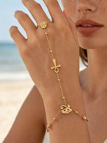 Boho Vintage Ancient Egyptian Eye Of Horus Ankh Zirconia Bead Stainless Steel Hand Chain Bracelet For Women,Gold Jewelry,Party,Daily,Christmas/Halloween - Multicolor - View 6