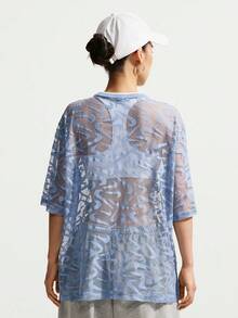 Nike Women's AS W NK CHILL WVN LACE JERSEY Short Sleeve T-Shirt Knit Collarless Short TIM8388-486 - Baby Blue - View 2