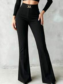 Women's Pure Black High Waist Flare Suit Pants, Gold Metal Interlocking Buckle Decor, Front Seam Slim Fit Flare Pants - Black - View 3