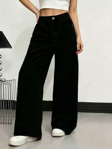 Teen GirlVintage Washed Loose Straight Leg Denim Jeans, Girls Autumn Back To School Street Style - Black - View 3