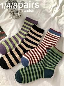 1/4/8 Pairs (Randomly Delivered) Women's Striped Retro Personalized Fashion Simple Elegant Versatile Comfortable Soft Mid-Calf Socks, Suitable For Daily Wear - Multicolor - View 6