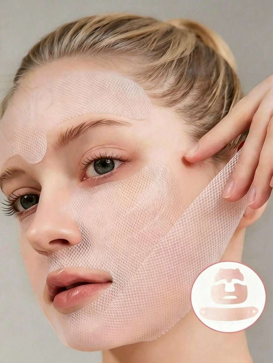 1 Set Cat Ear Silicone Mesh Face Patches, High Elasticity Zoned Line Design, Anti-Slip Pink Facial Support Stickers, Wash-Free Reusable, Suitable For Day And Night Daily Casual Use, Face Mask - Multicolor - View 1