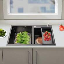 Kitchen Sink Double Bowl 304 Stainless Steel Black With Overflow Soap Dispenser - Default - View 2