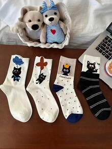 1/4/10 Pairs Lucky Cat Pattern Personalized Mid-Calf Socks, Suitable For School, Couples, Daily Wear, Autumn/Winter - Multicolor - View 2