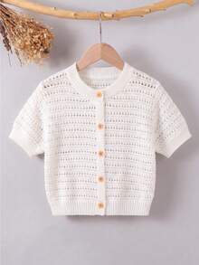 Girls' Lightweight Breathable Hollow-Out Knit Cardigan, Spring/Summer - Beige - View 1