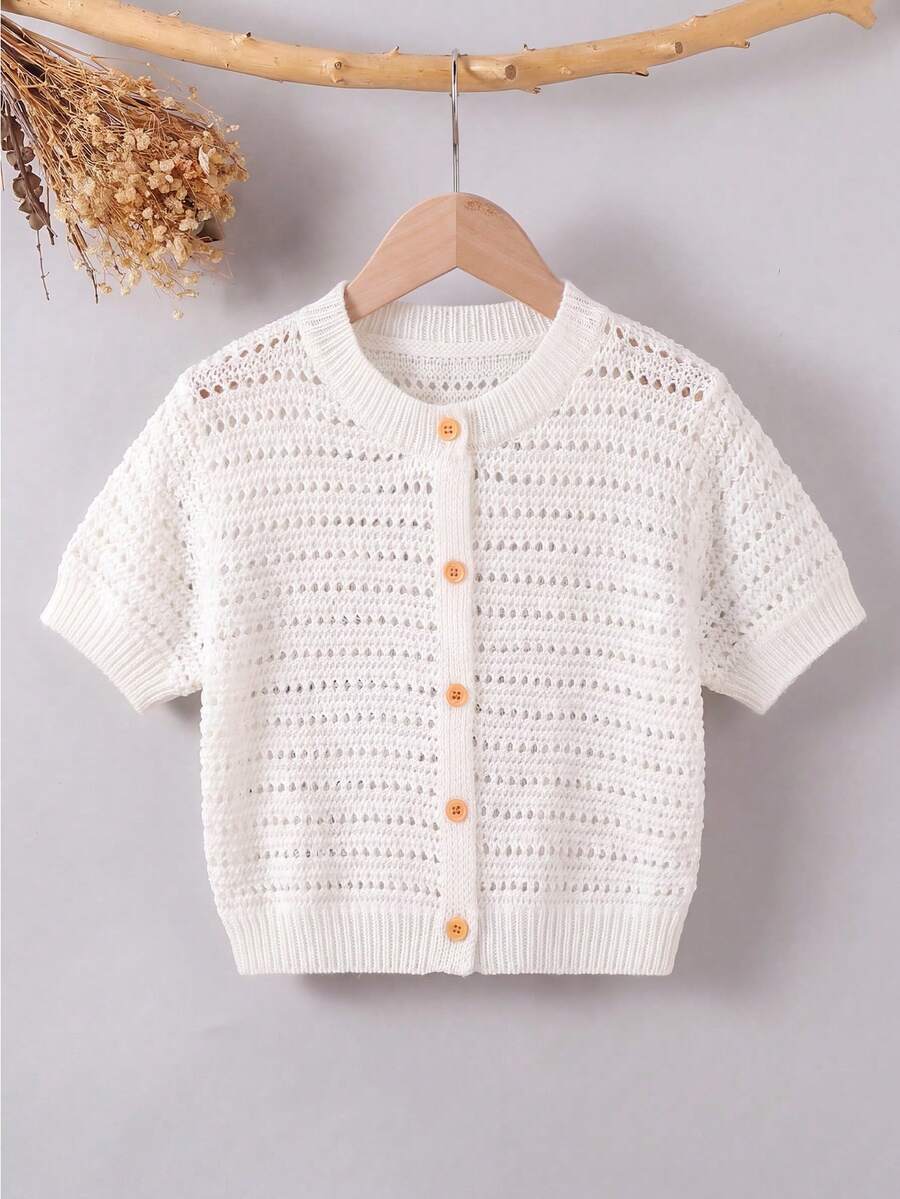 Girls' Lightweight Breathable Hollow-Out Knit Cardigan, Spring/Summer - Beige - View 1