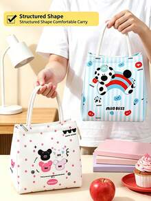 1pc Japanese Cute Style Animal Print Handheld Lunch Bag, Woven Handle, Adorable Pet Pattern, Thickened Inner Layer Insulation, Portable For Students, Office, Picnic, Outdoor, Daily Use, All Seasons, Back To School, Christmas Gift - Multicolor - View 5