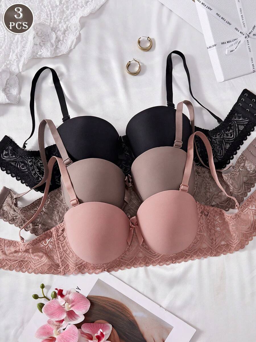 3pcs/Set Bra Wanita Seksi Berenda Tanpa Kawat dengan Cup Cetak, Mengangkat Payudara dan Mencegah Kendur, Desain Menggoda Kelas Atas, Membentuk Lekuk Tubuh dengan Sempurna - MultiWarna - View 1