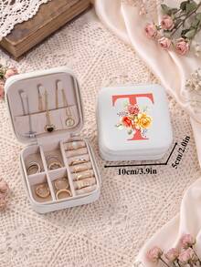 復古花卉字母旅行小珠寶盒，適用於項鍊與戒指，3.9in*2in PU皮革白色珠寶收納盒，適合女性，理想的節日禮物 - Floral Initials - 查看 14